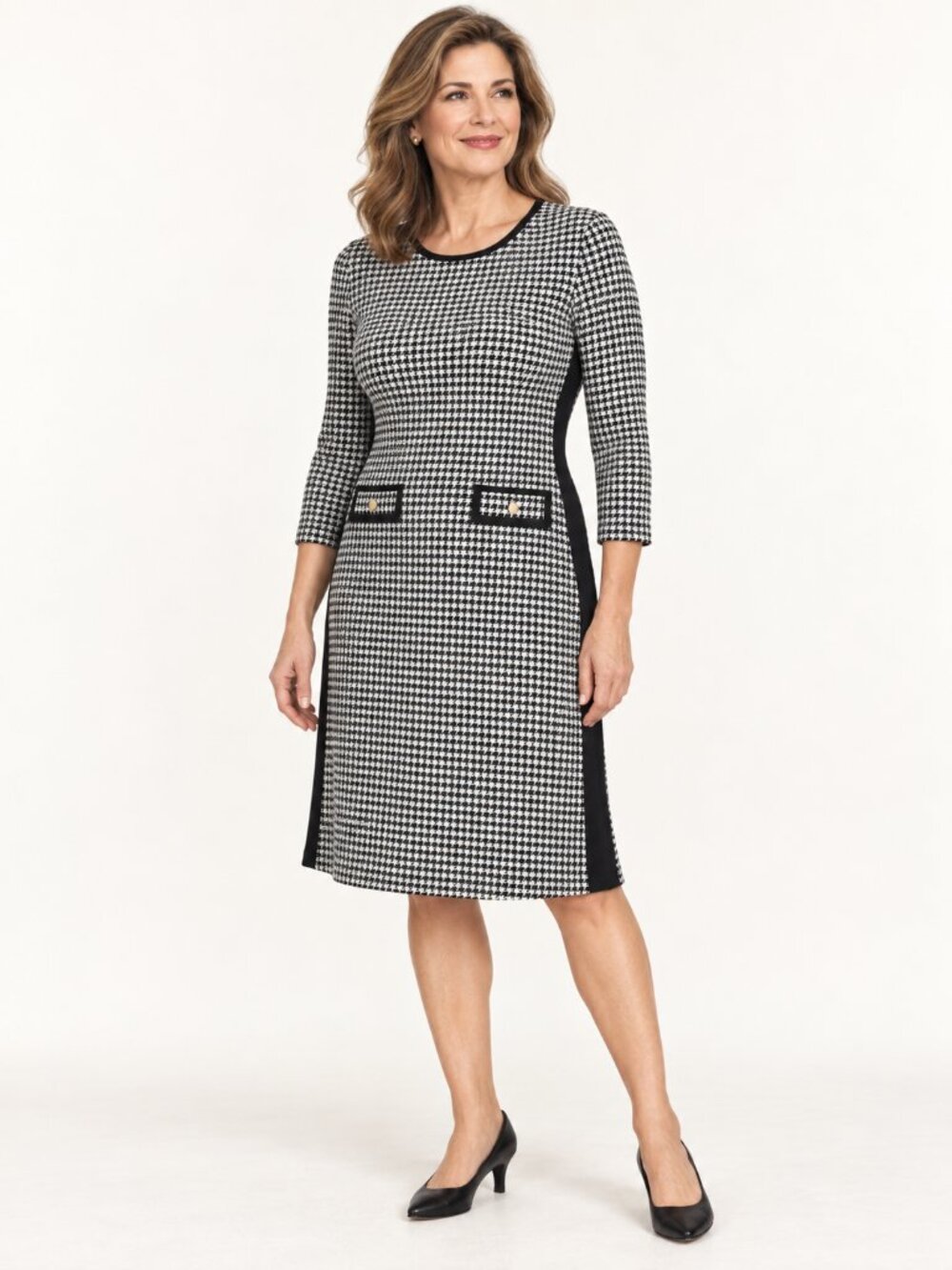 DKNY Black and White Houndstooth Midi Dress
